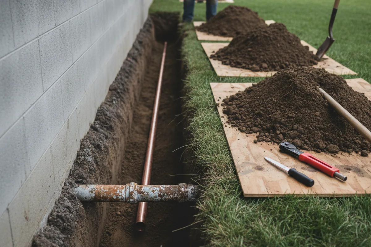 Excavated water line trench during Sewer Line Repair in Willow